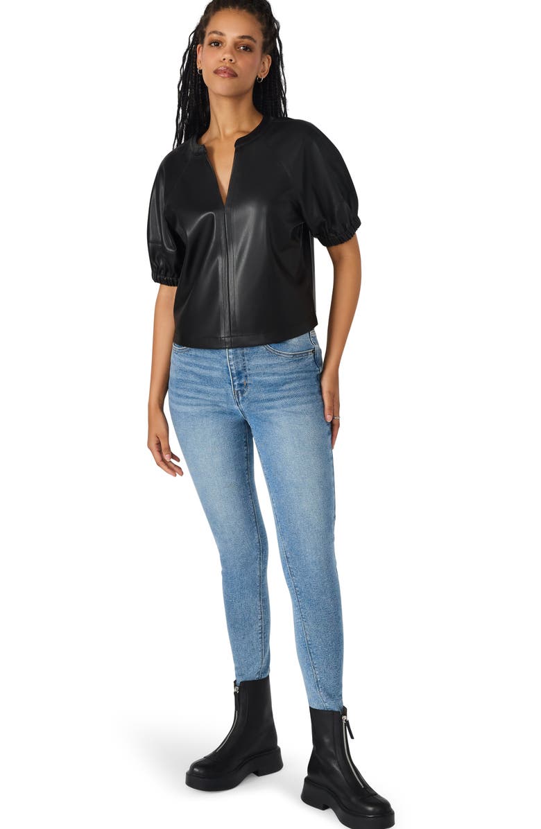 Steve Madden Roxanne Short Sleeve Faux Leather Top, Alternate, color, Black