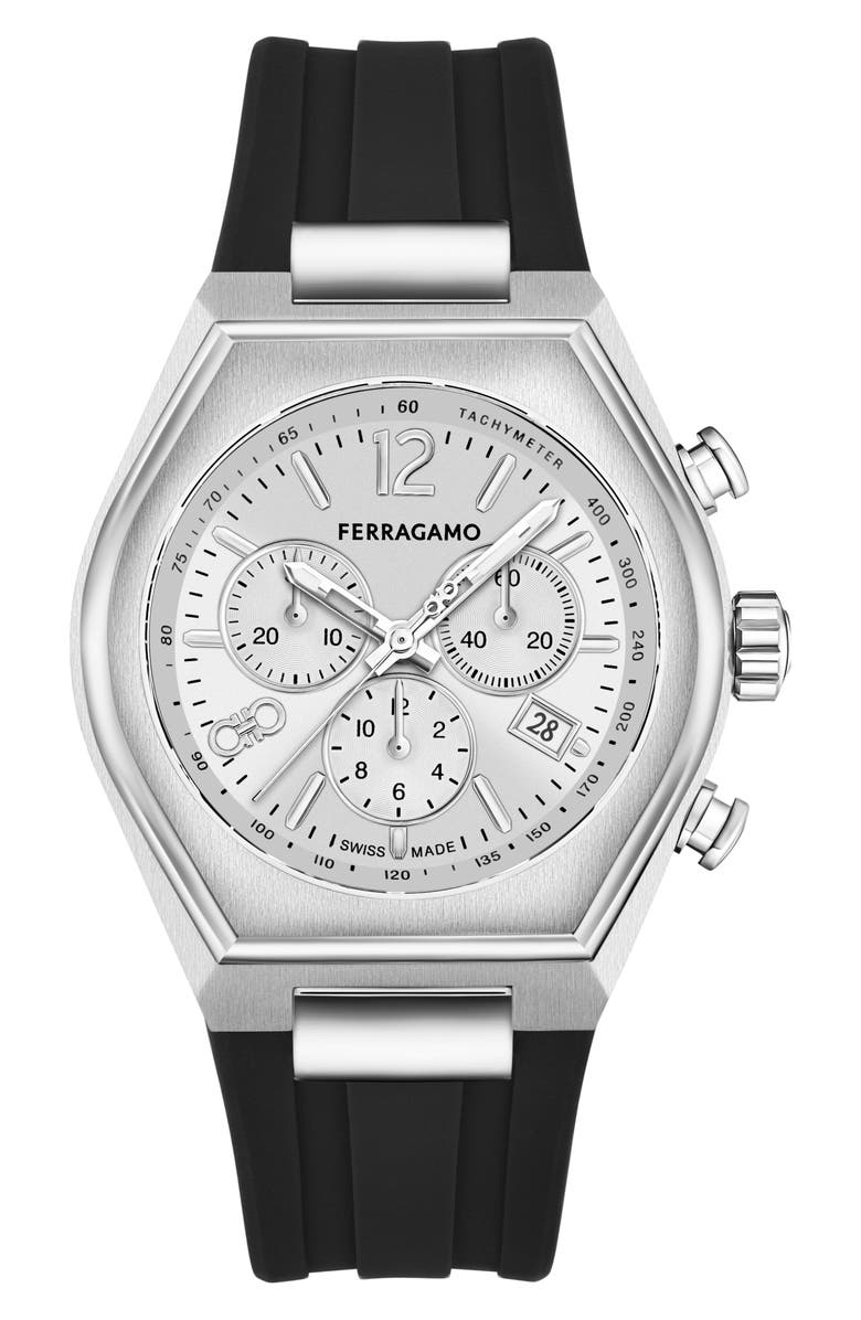 FERRAGAMO Tonneau Chronograph Silicone Strap Watch, 42mm, Main, color, Black/ Stainless Steel