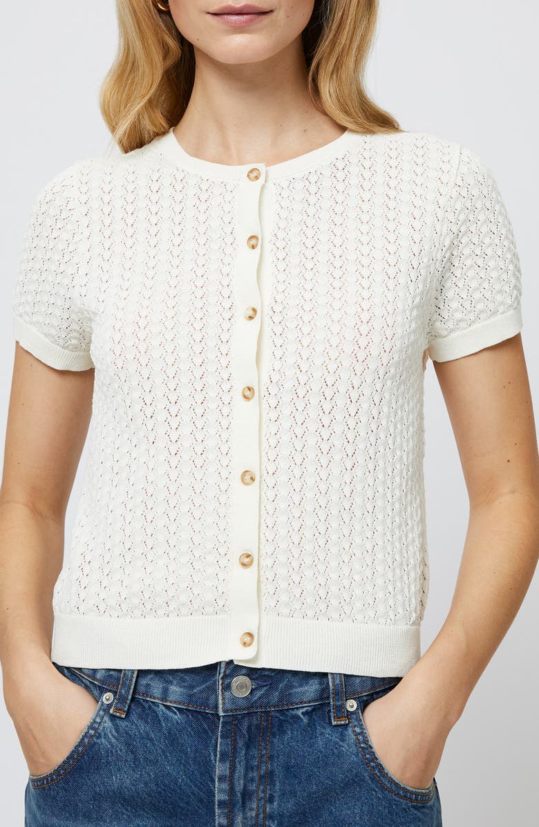 French Connection Pointelle Cotton Blend Cardigan, Main, color, Cream