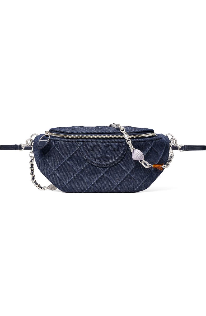 Tory Burch Fleming Quilted Denim Belt Bag, Main, color, Blue