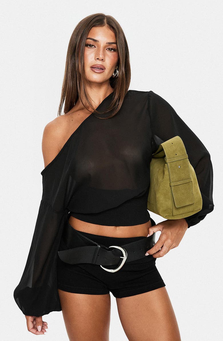 Princess Polly <p>Idalina One-Shoulder Chiffon Top</p>, Alternate, color, Black