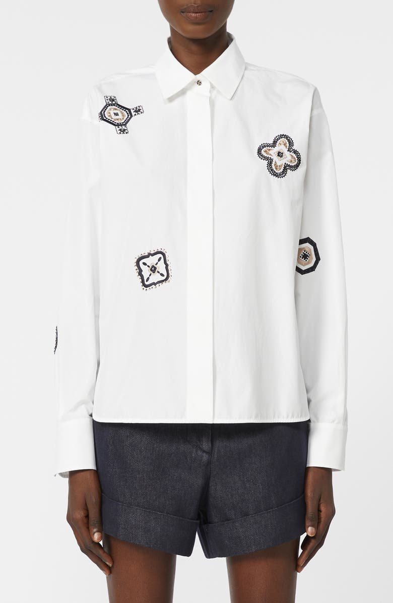 Max Mara Shock Embroidered Long Sleeve Button-Up Shirt, Main, color, Optical White