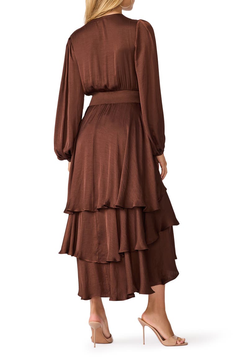 Bei Long Sleeve Tiered Satin Midi Dress, Alternate, color, SHAVED CHOCOLATE