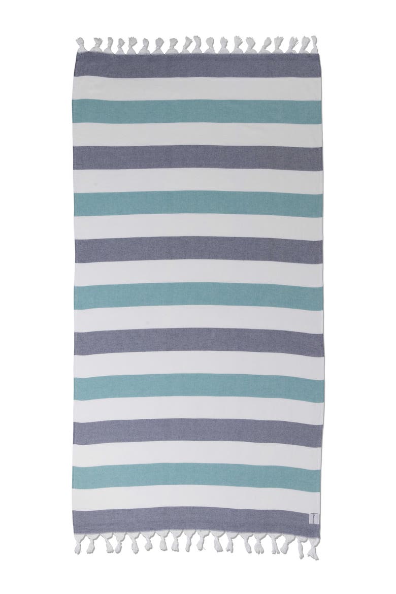 Kapris Striped Organic Turkish Towel with Soft Terry Cloth Back, Main, color, Navy and Aqua