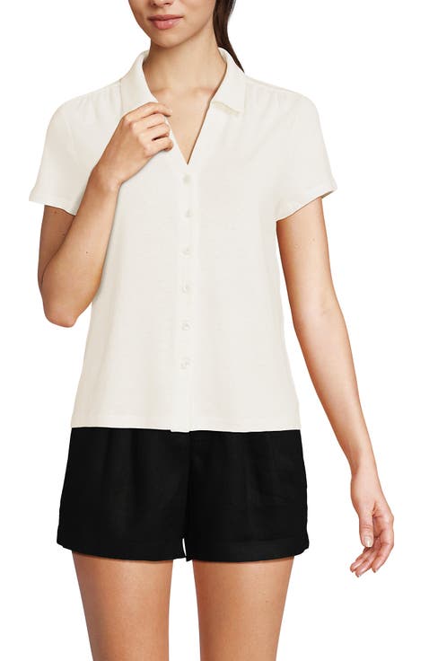 Linen Blend Short Sleeve Button Front Polo Top