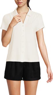 Lands' End Linen Blend Short Sleeve Button Front Polo Top