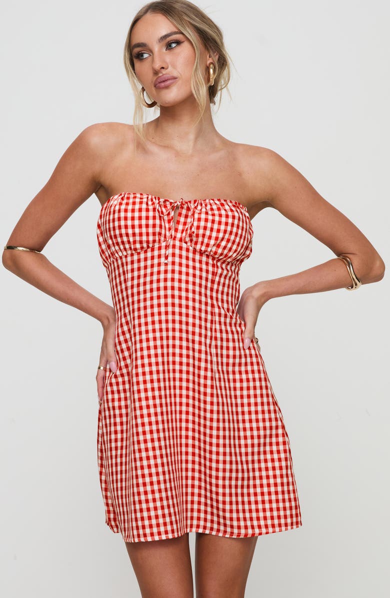 Princess Polly Double Date Gingham Strapless Minidress, Alternate, color, Red Gingham