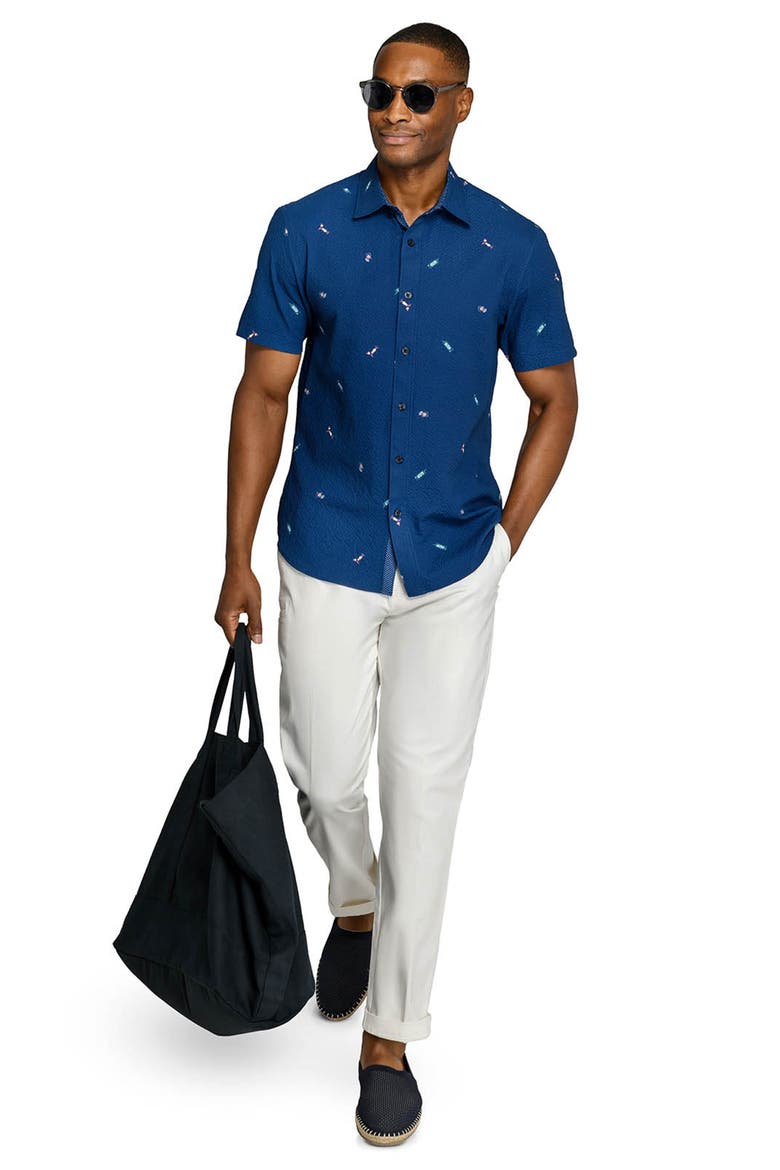 Slim Fit Tropical Drinks Woven Short Sleeve Seersucker, Alternate, color, NAVY/GREEN