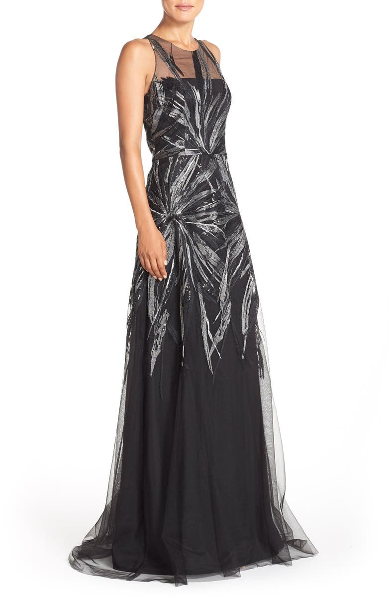 David Meister Sequin Embroidered Mesh Fit & Flare Gown, Alternate, color, 