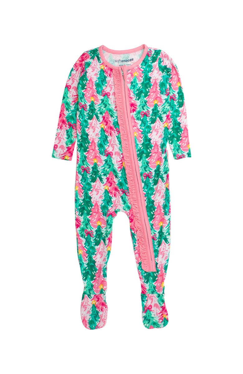 RuffleButts SoftSnooze Girls Holiday Ruffle One Piece Footie Pajamas, Main, color, Pink Jolly Grove
