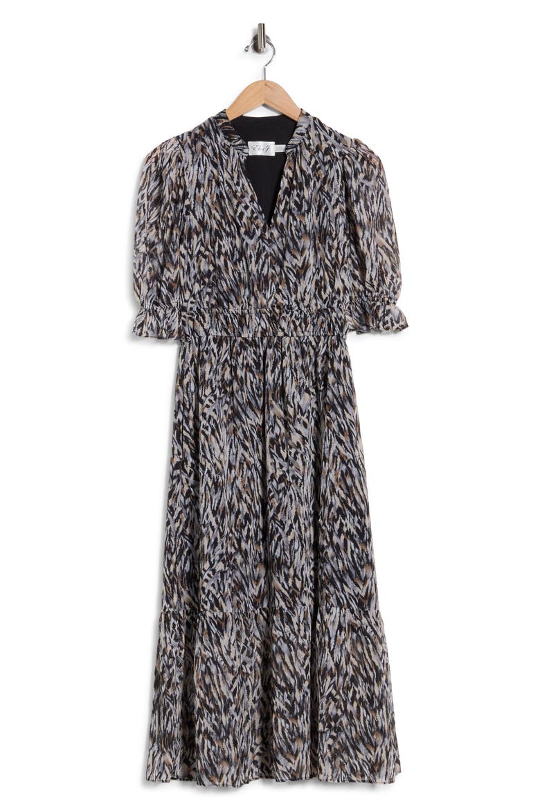 Puff Sleeve Tiered Midi Dress, Main, color, BLACK ANIMAL
