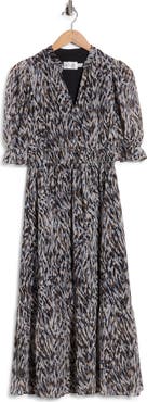 Eliza J Puff Sleeve Tiered Midi Dress