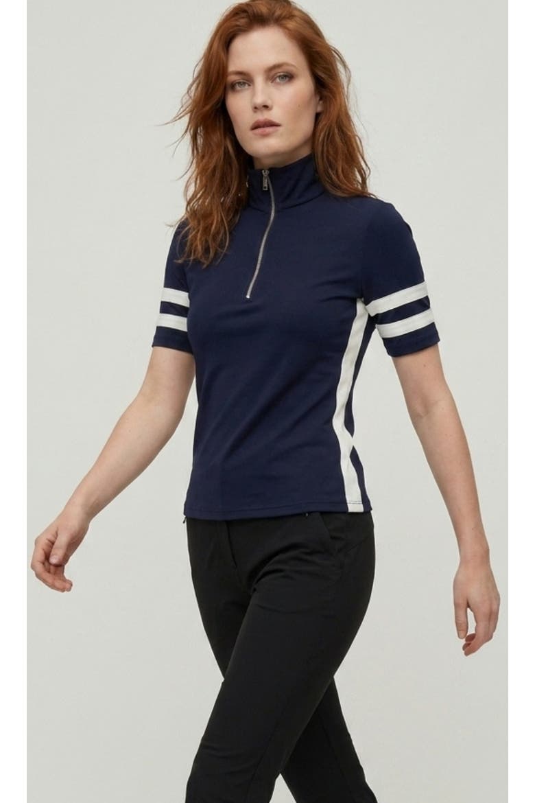 Serena Sport Striped Zip-Up Short Sleeve Top, Main, color, Navy/White