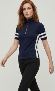Anatomie Serena Sport Striped Zip-Up Short Sleeve Top