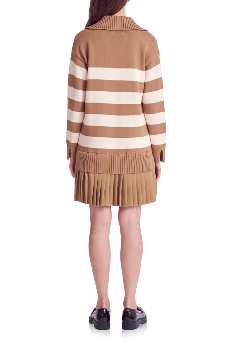 Mixed Media Long Sleeve Pleated Minidress, Alternate, color, CAMEL/ BEIGE