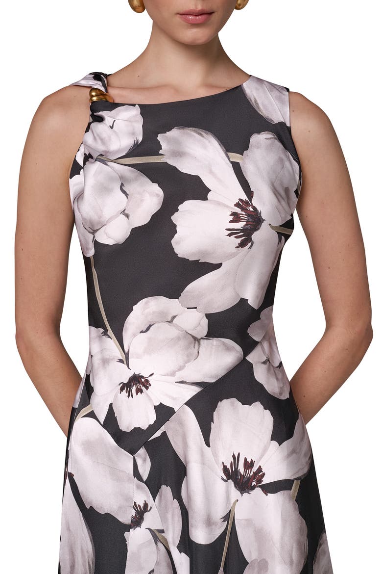 Floral Asymmetric Hem Satin Charmeuse Dress, Alternate, color, BLK/ IVRY M