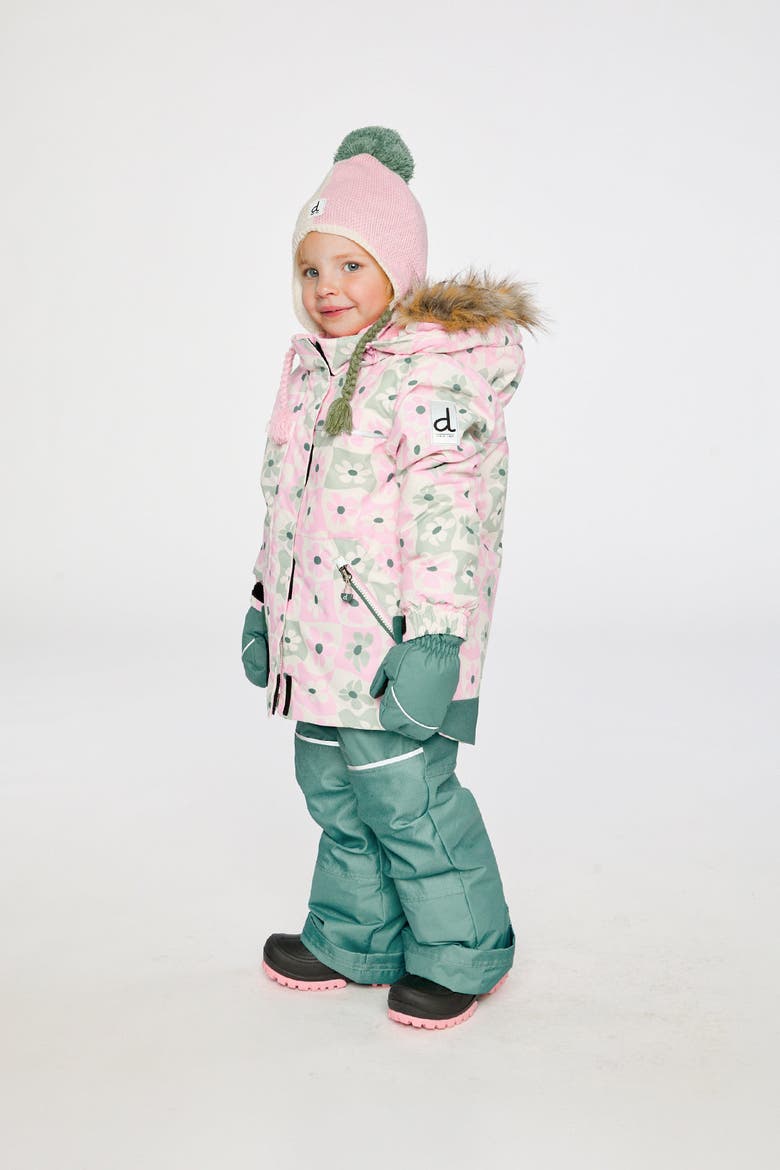 Discover Retro Faux Fur Hood Jacket & Suspender Pants Two Piece Snowsuit, Alternate, color, White with Retro Pink Print