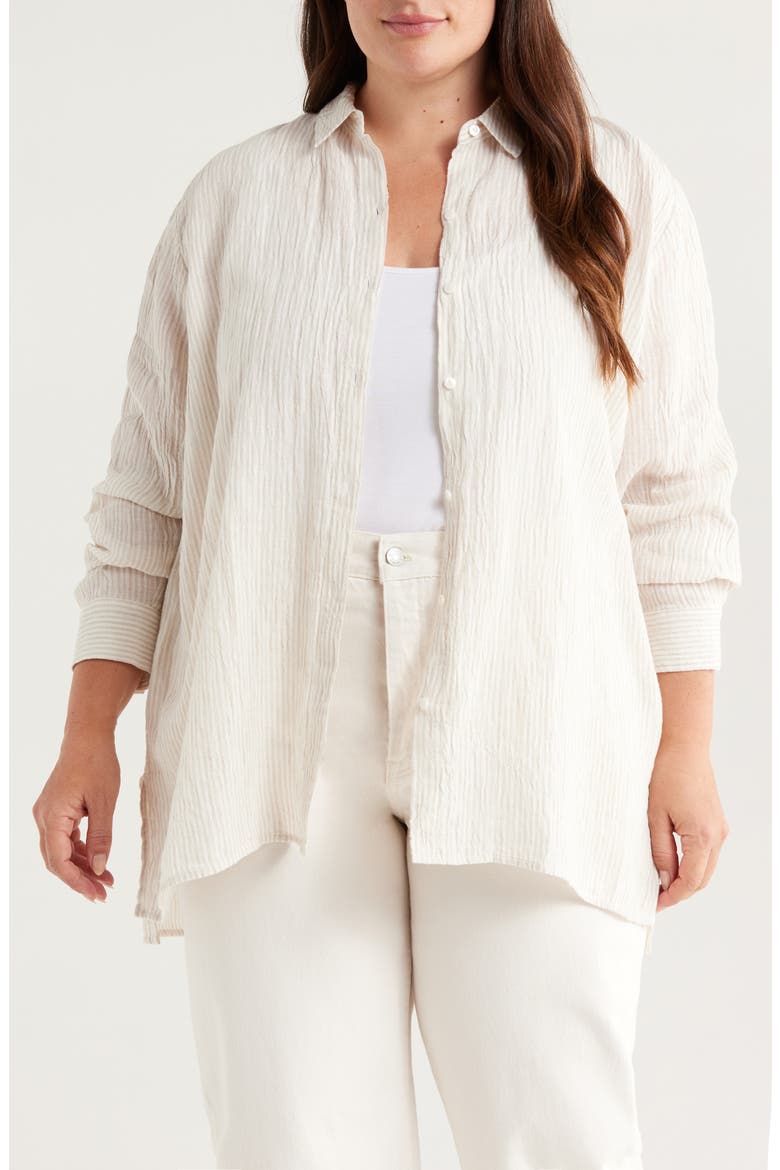 Crinkled Stripe Organic Linen Button-Up Shirt, Main, color, CHALK