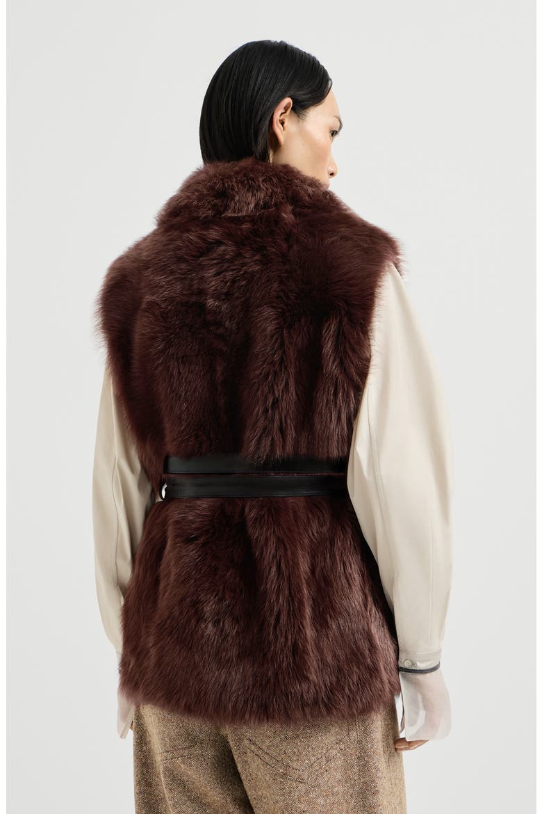 Lux shearling vest with nappa leather belt and monili, Alternate, color, Burgundy
