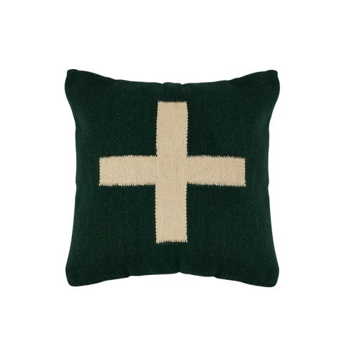 Swiss Cross Cotton Wool Throw Pillow, Green and Natural