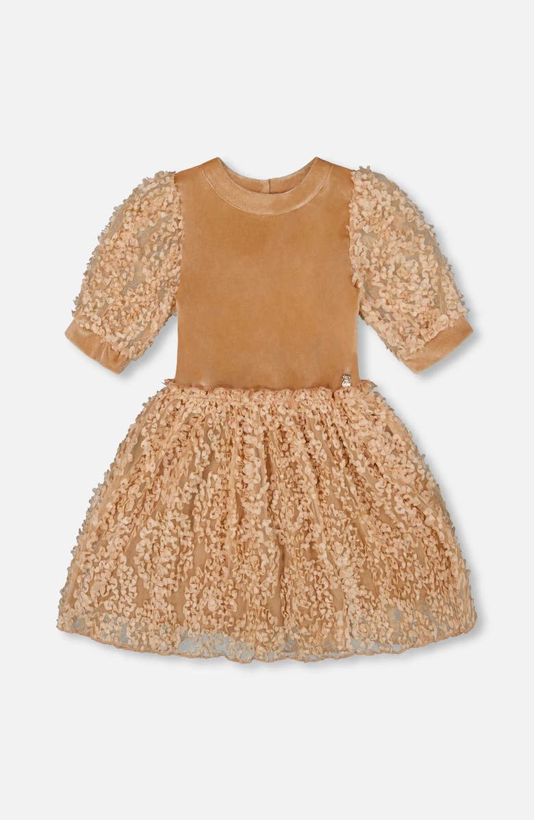 Deux par Deux Puff Sleeve Bi-Material Velour and Lace Dress, Main, color, 