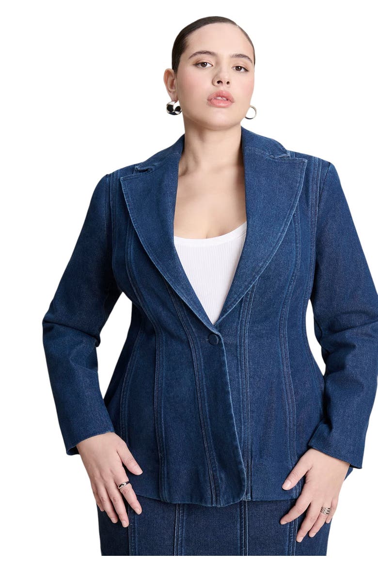 Seamed Denim Peplum Blazer, Alternate, color, MEDIUM WASH