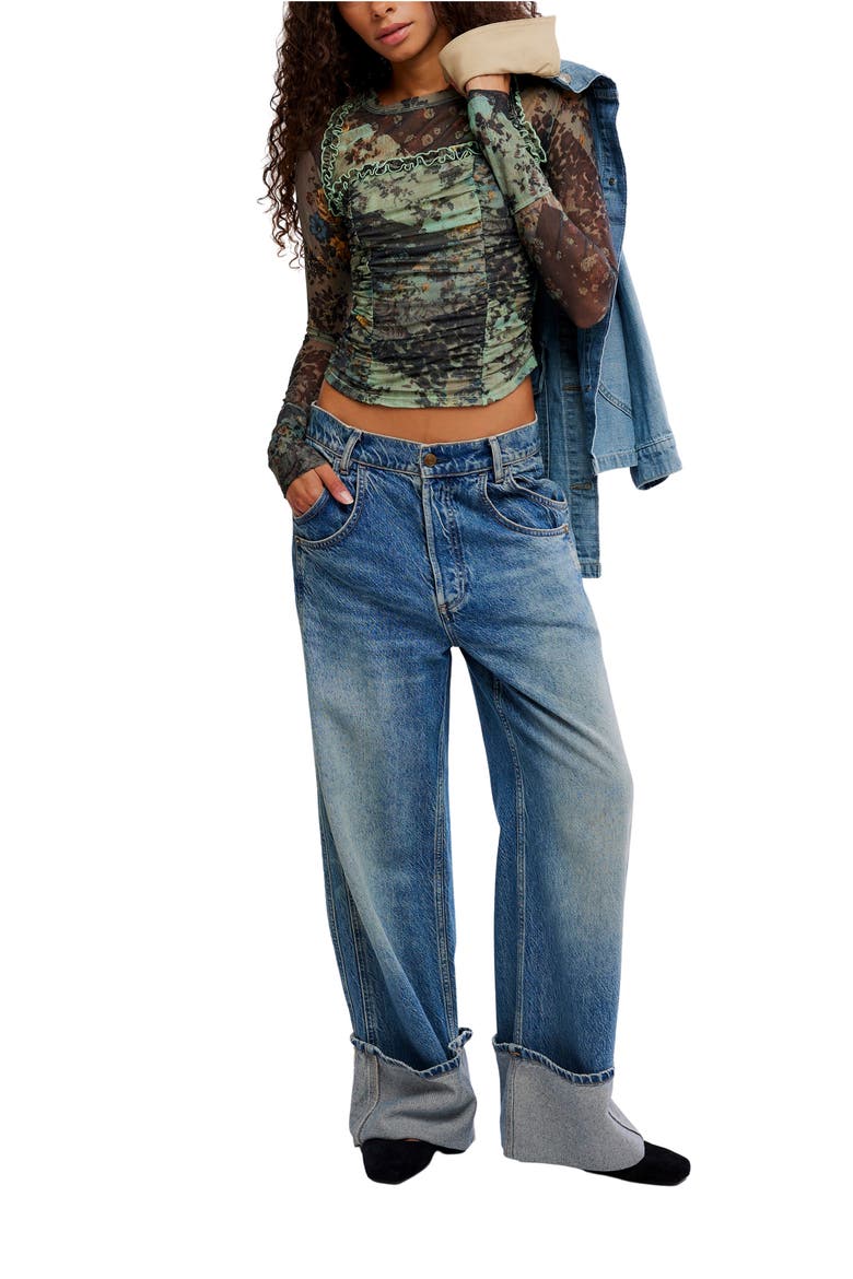 Ariana Printed Ruffle Shirred Mesh Shirt, Alternate, color, SAGE COMBO