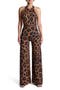 Leopard Print Wide Leg Halter Jumpsuit
