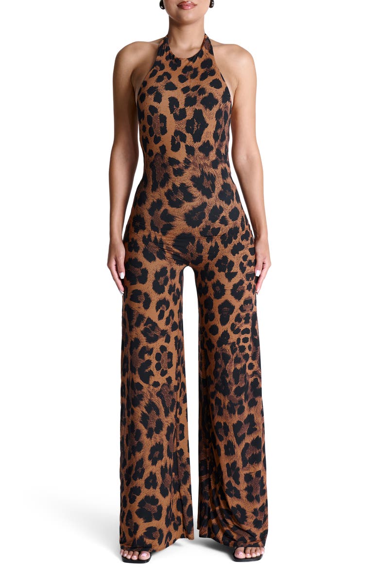 Naked Wardrobe Leopard Print Wide Leg Halter Jumpsuit, Main, color,