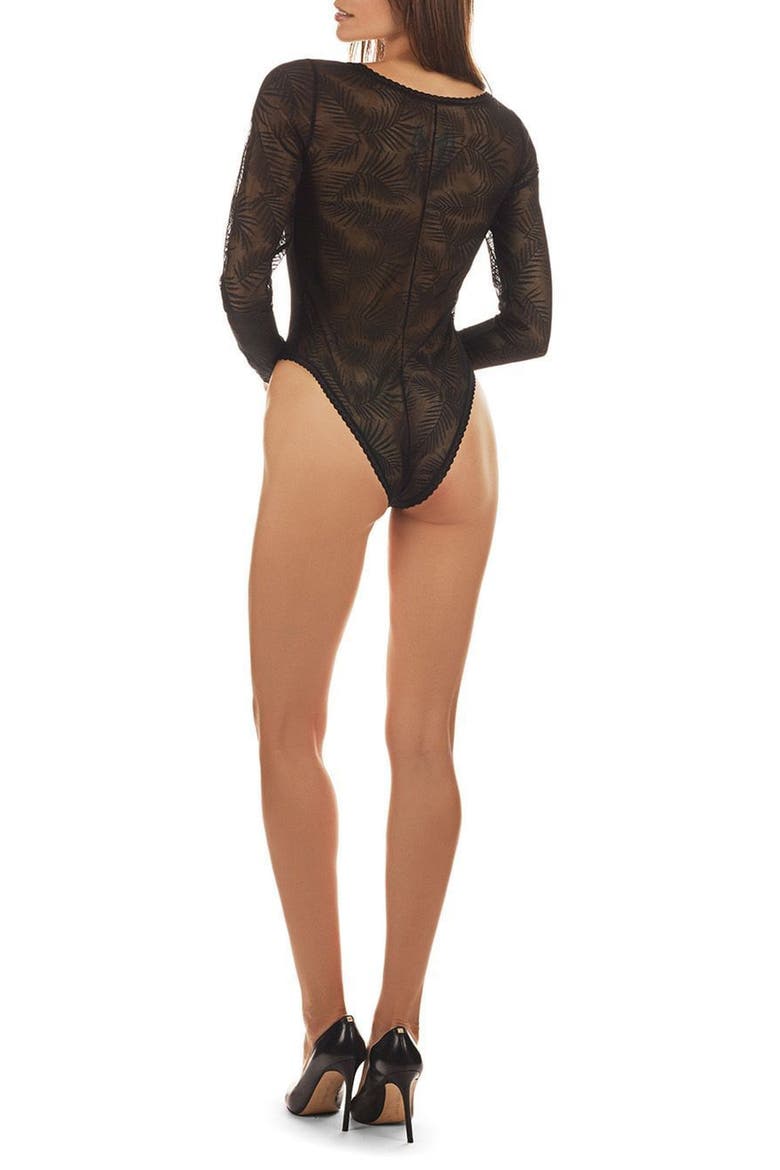 Madeleine Palm Frond Long Sleeve Mesh Bodysuit, Alternate, color, BLACK