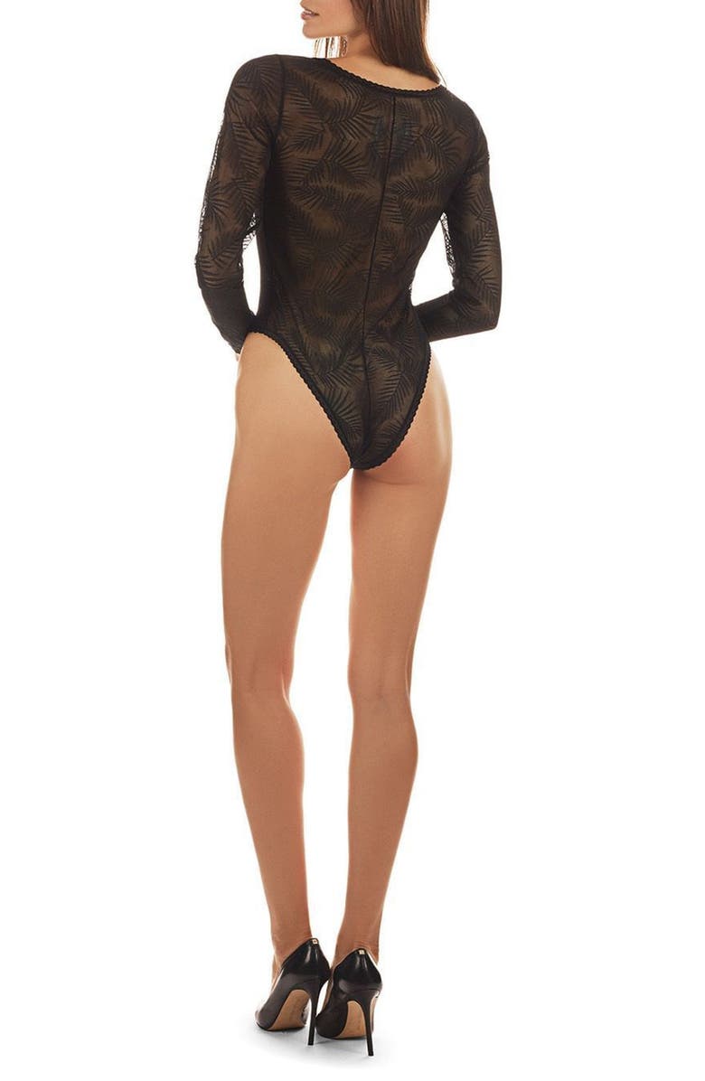 MeMoi Madeleine Palm Frond Long Sleeve Mesh Bodysuit, Alternate, color, Black
