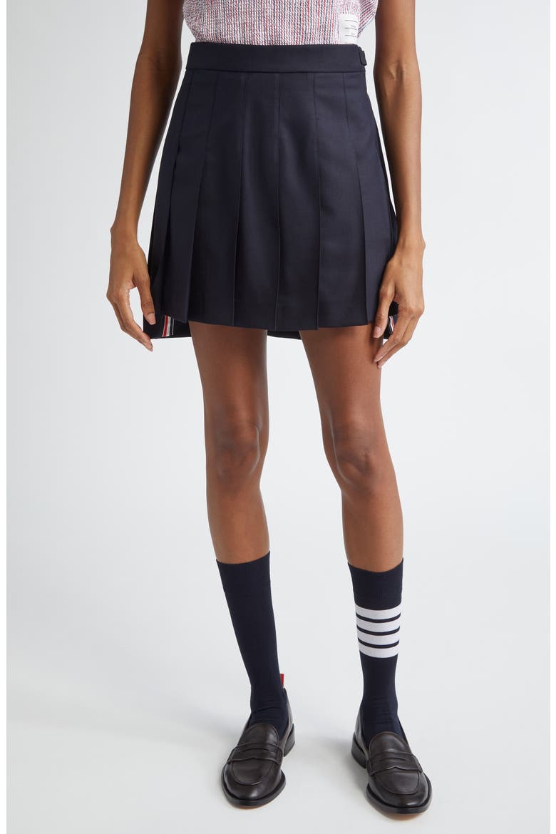 Drop Back Pleated Wool Miniskirt, Main, color, NAVY