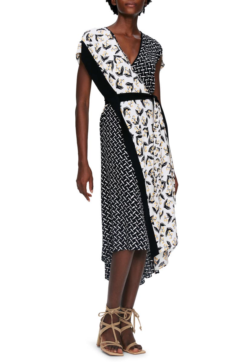 DVF Ellen Mixed Print Asymmetric Hem Wrap Dress, Alternate, color, 