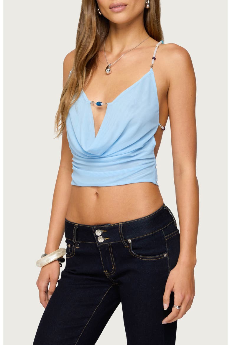 Beaded Cowl Neck Backless Crop Top, Alternate, color, LIGHT-BLUE