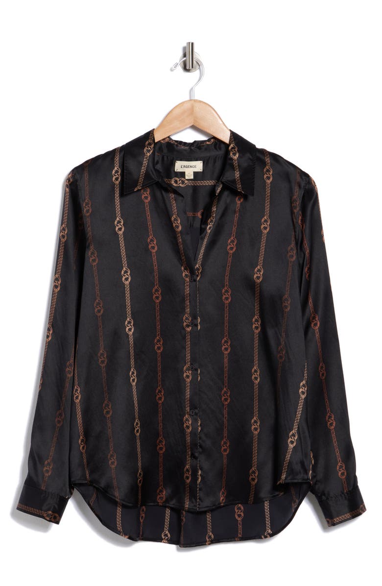L'AGENCE Tyler Print Silk Button-Up Shirt, Alternate, color, Black/ Brown Colorful Chain