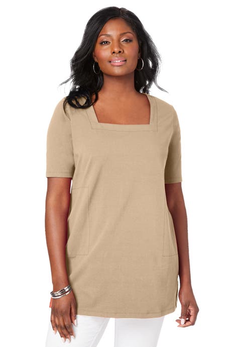 Stretch Cotton Square Neck Tunic (Plus)