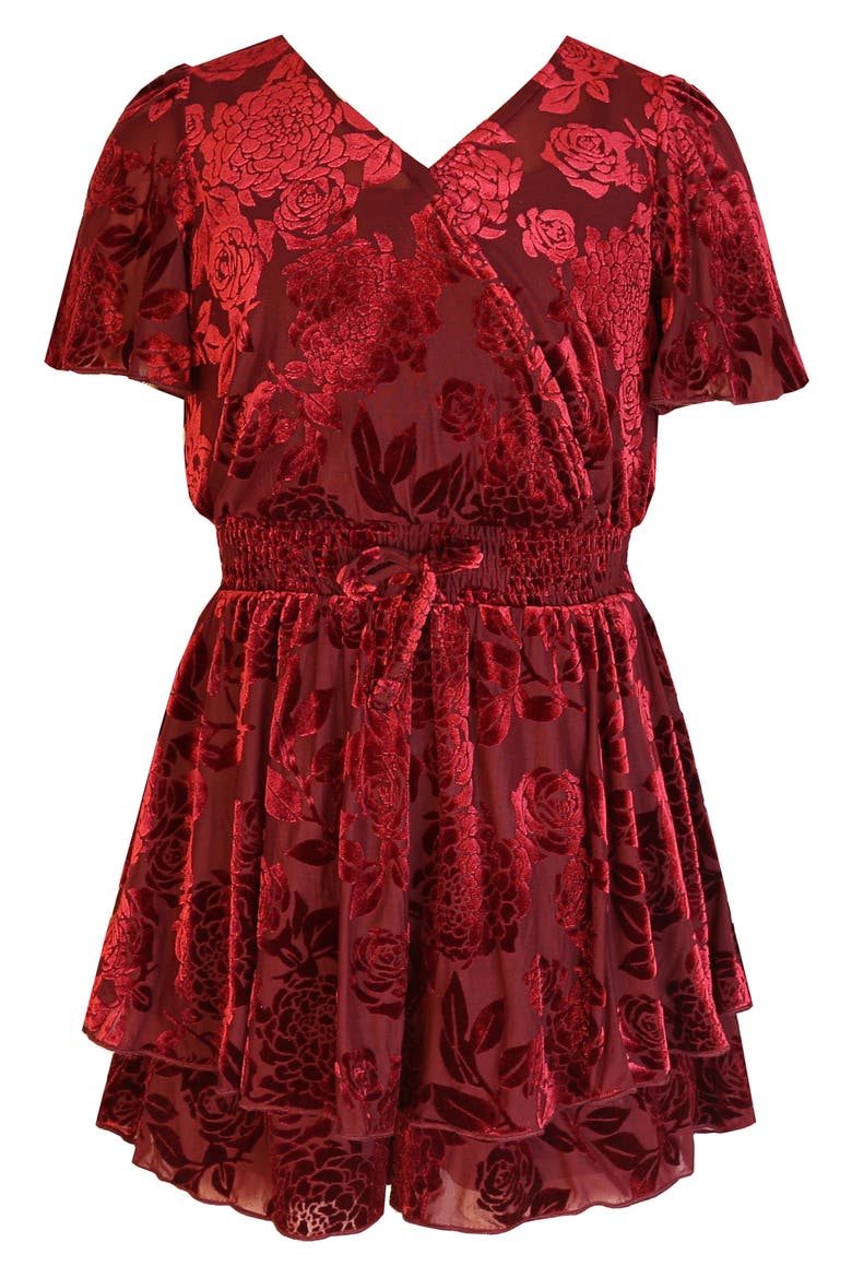 Kids' Burnout Velvet Romper, Main, color, BURGUNDY