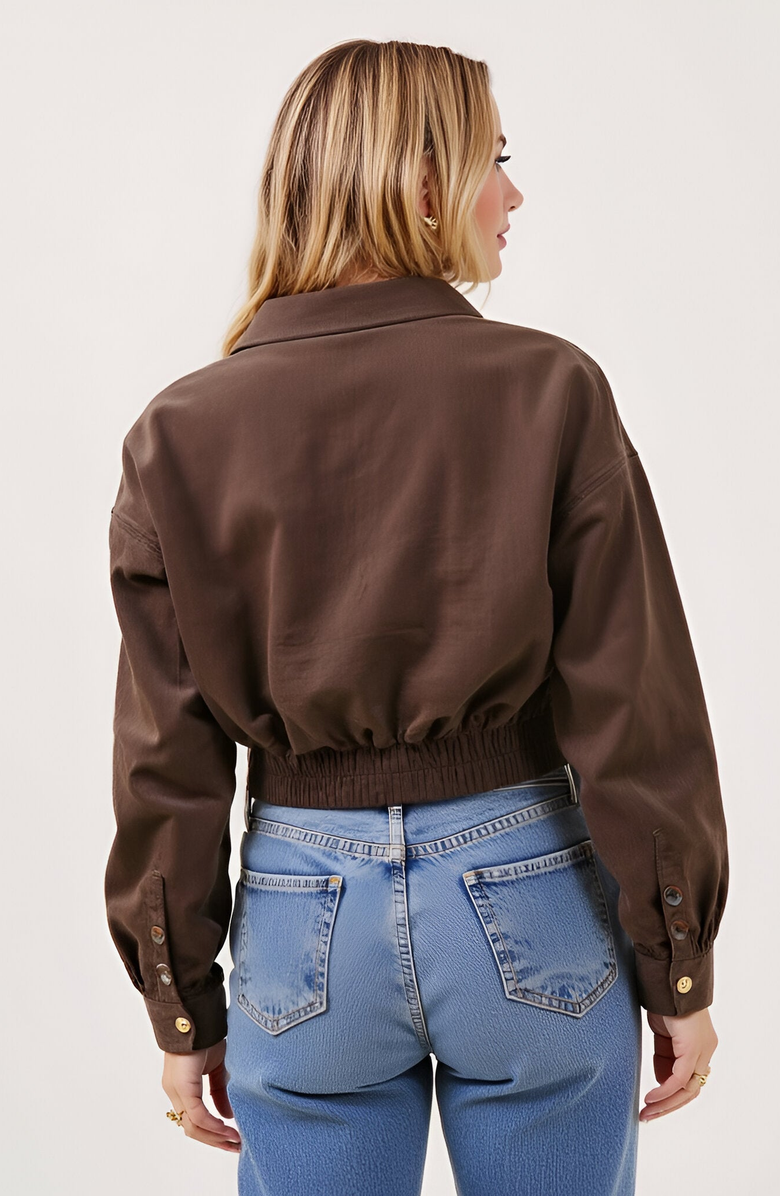 Modenaire Cropped Collared Button-Up Stretch Hem Jacket, Alternate, color, Brown