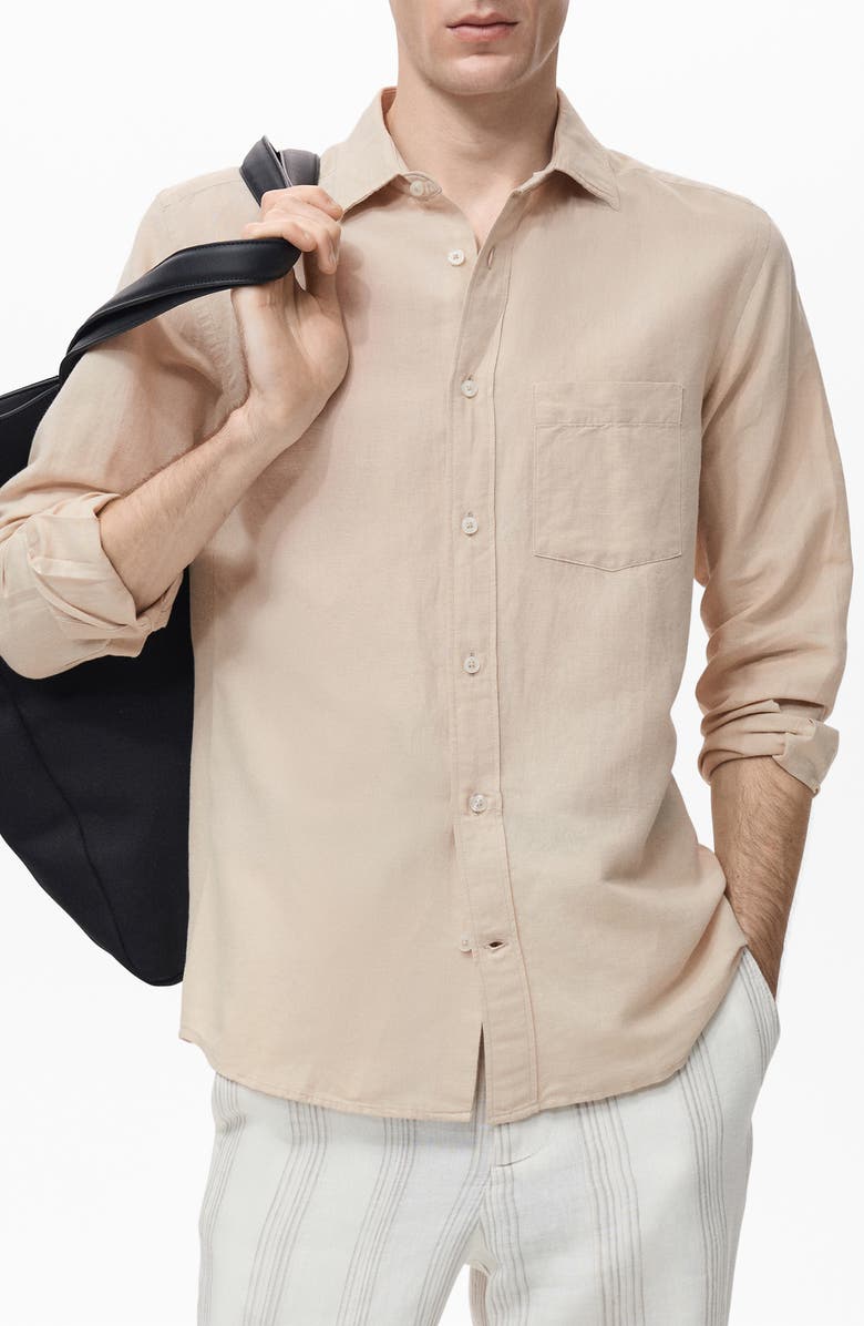 MANGO Classic Fit Linen & Cotton Button-Up Shirt, Main, color, Sand