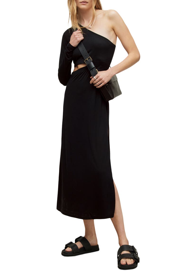 Mary One-Shoulder Cutout Midi Dress, Main, color, BLACK