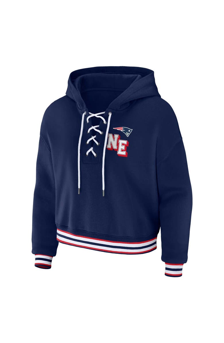 WEAR by Erin Andrews Women's WEAR by Erin Andrews Navy New England Patriots Plus Size Lace-Up Pullover Hoodie, Alternate, color, Navy
