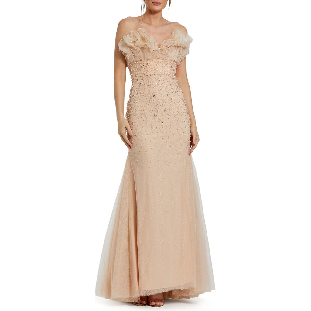 Mac Duggal Strapless Embellished Tulle Mermaid Gown In Porcelain