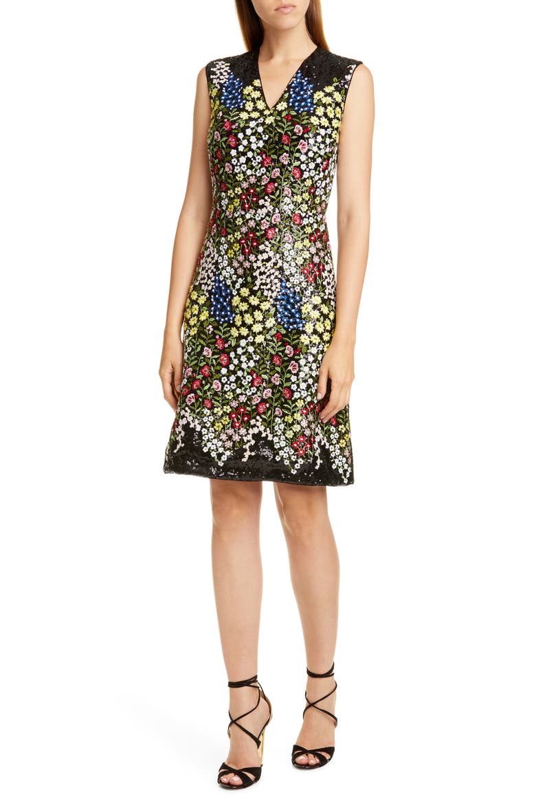 Sequin & Floral Embroidered A-Line Dress, Alternate, color, BLACK MIX
