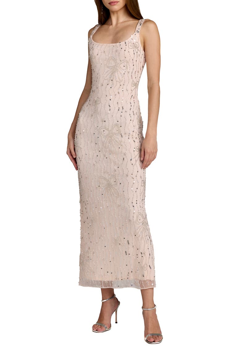 Beaded Mesh Scoop Neck Ankle Dress With Bows, Main, color, Blush