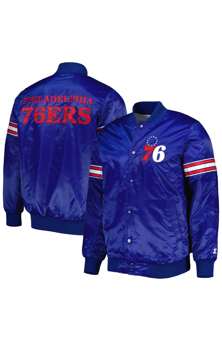 STARTER Men's Starter Royal Philadelphia 76ers Pick & Roll Satin Full-Snap Varsity Jacket, Main, color, Royal