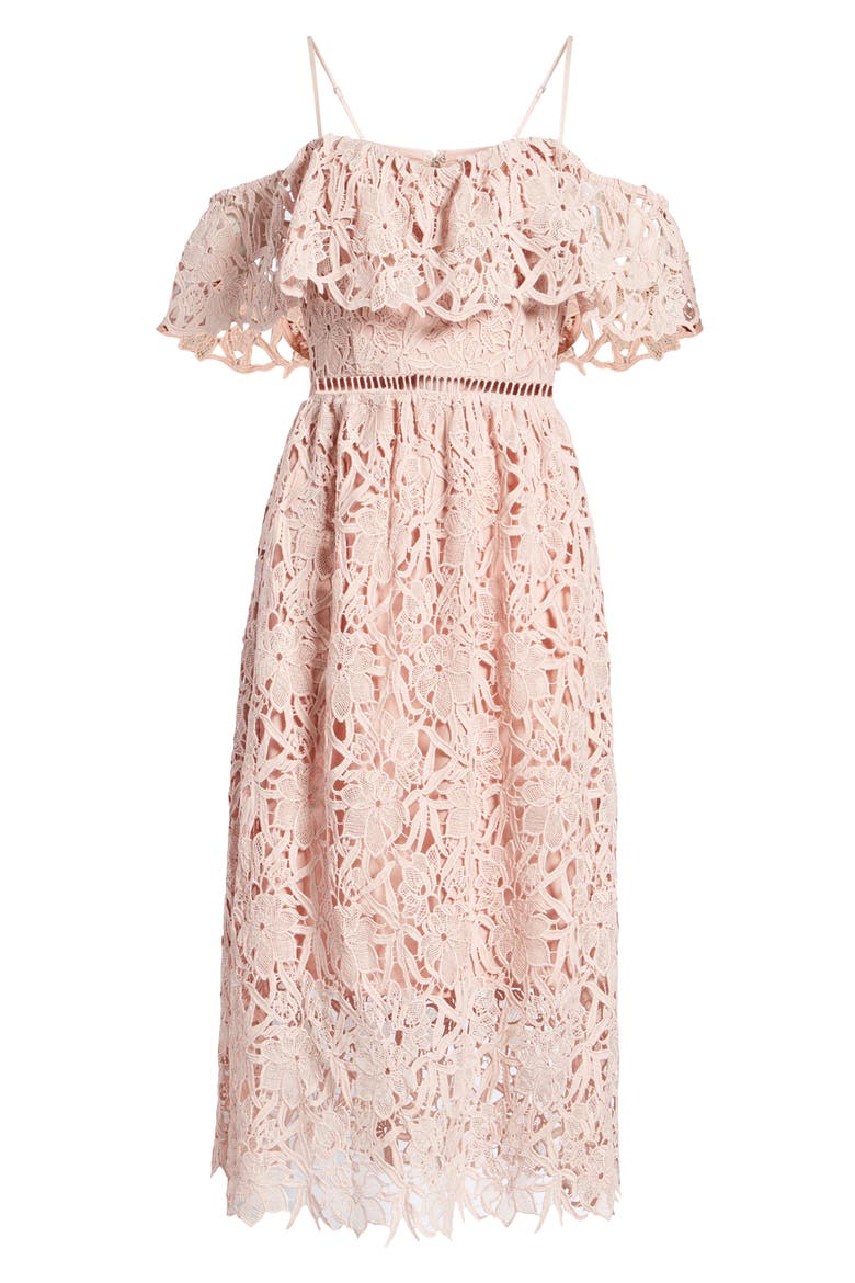 Lace Off the Shoulder Midi Dress, Alternate, color, BLUSH