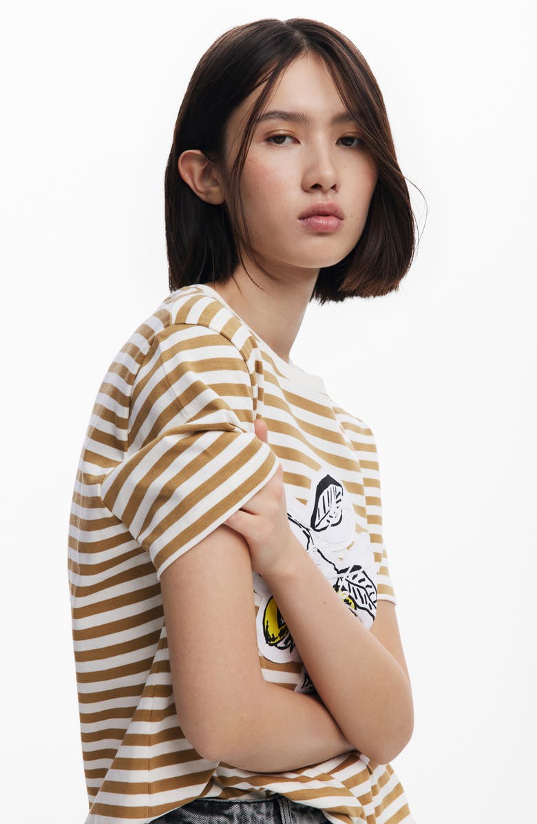 Desigual Stripe Lemon Appliqué Cotton Graphic T-Shirt, Alternate, color, 