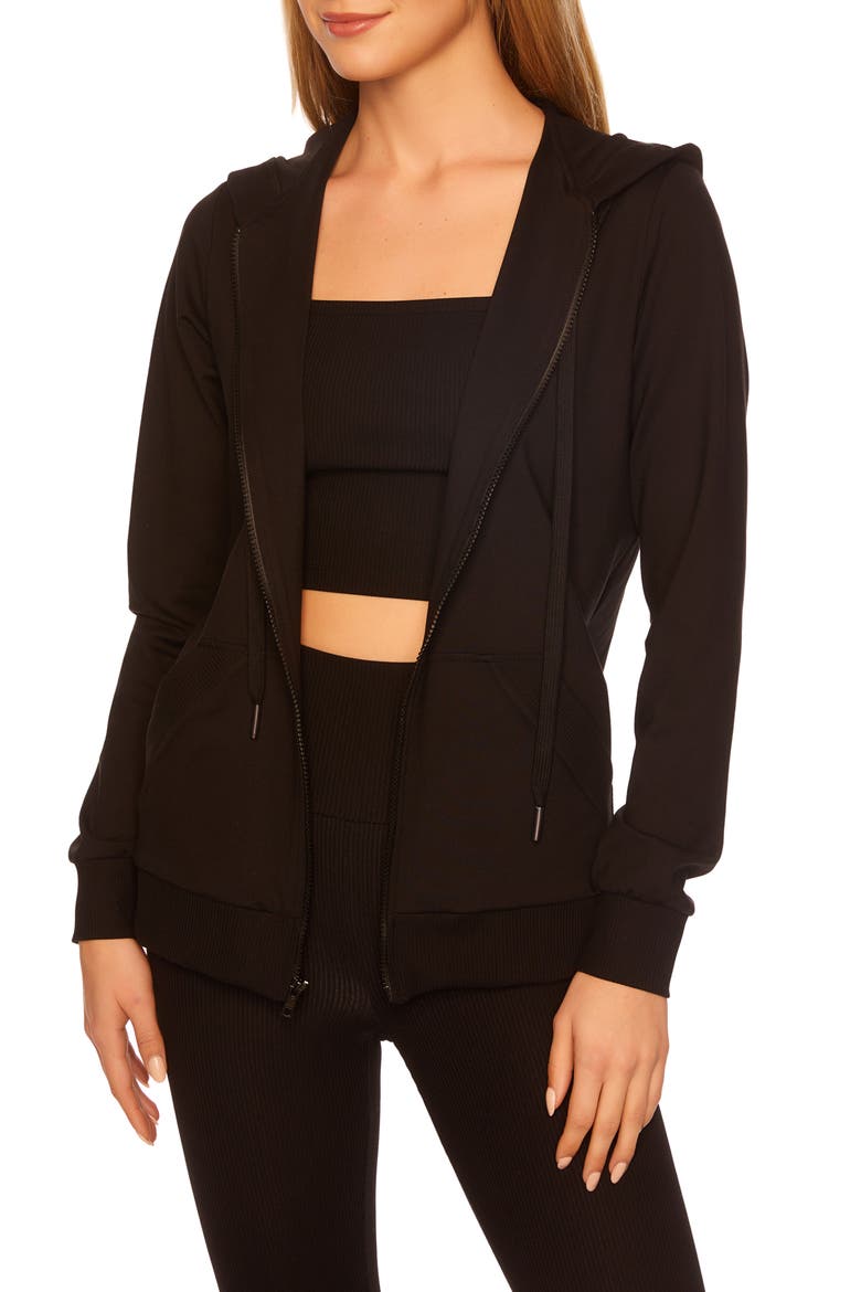 Rib Trim Full Zip Hoodie, Main, color, BLACK