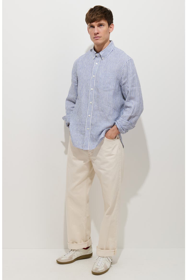Mill Stripe Linen Button-Down Shirt, Alternate, color, BLUE / WHITE