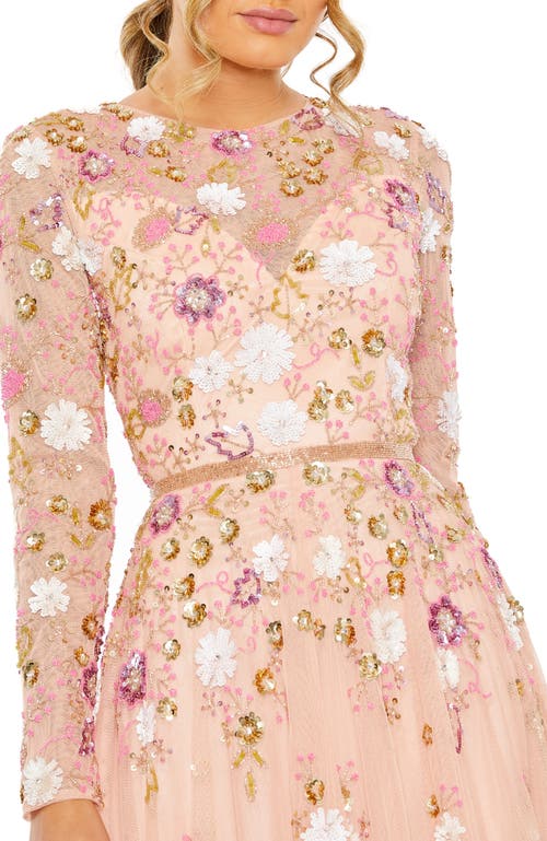 Mac Duggal Sequined Floral Long Sleeve High Neck Midi Dress In Blush